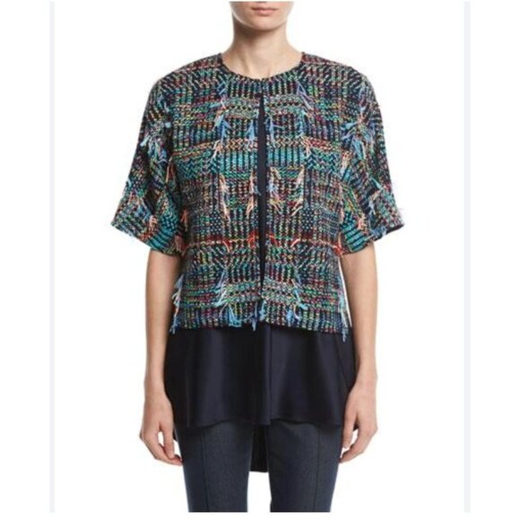 St. John Dara Jacket Womens Medium Multicolor Tweed Boucle Open Front Fringe - Picture 1 of 5